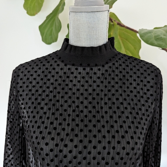 Zara Sheer Polka Dot Crinkle Mock Neck Blouse - Picture 3 of 6